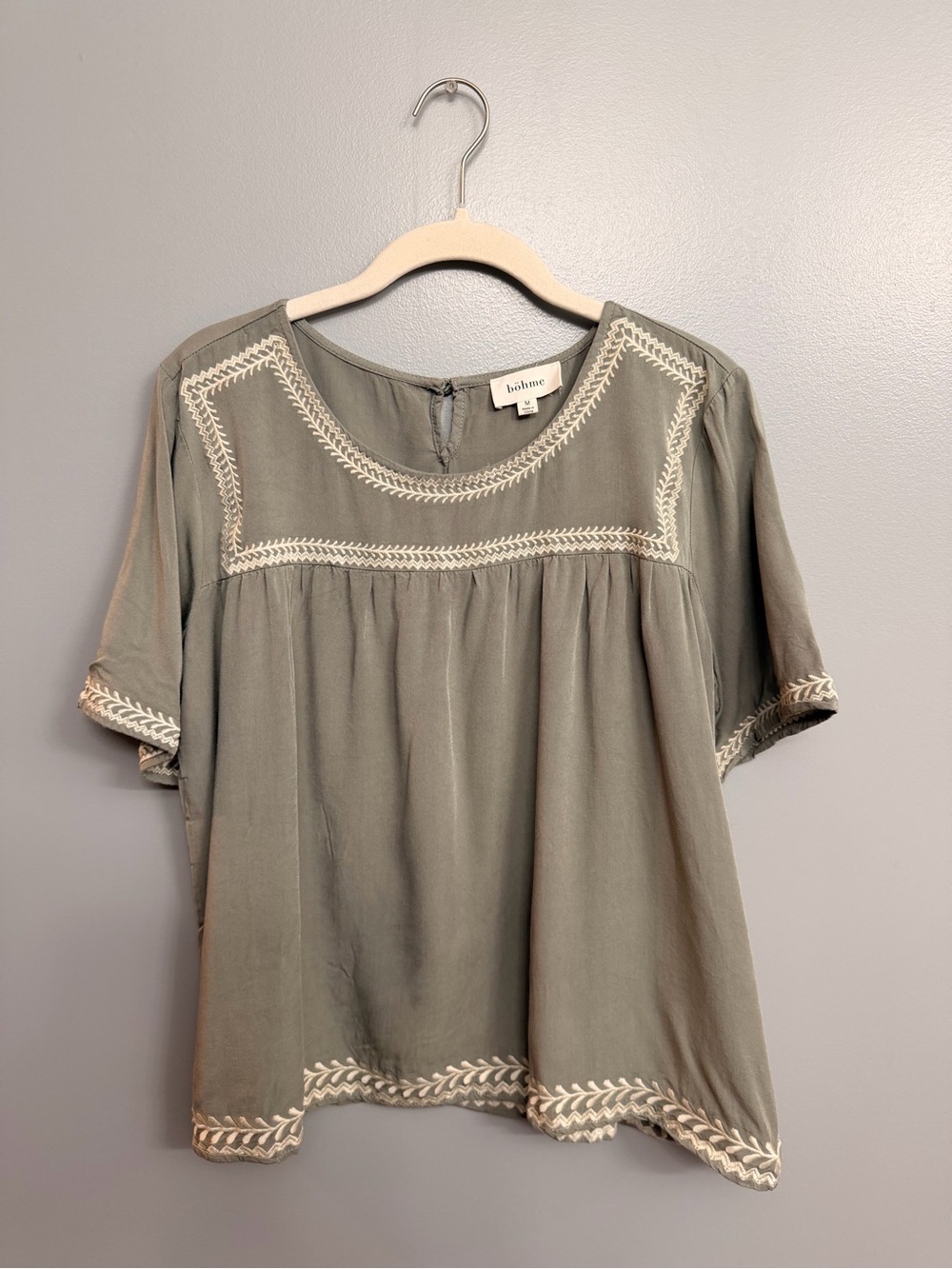 bohme Olive Green Embroidered Peasant Blouse